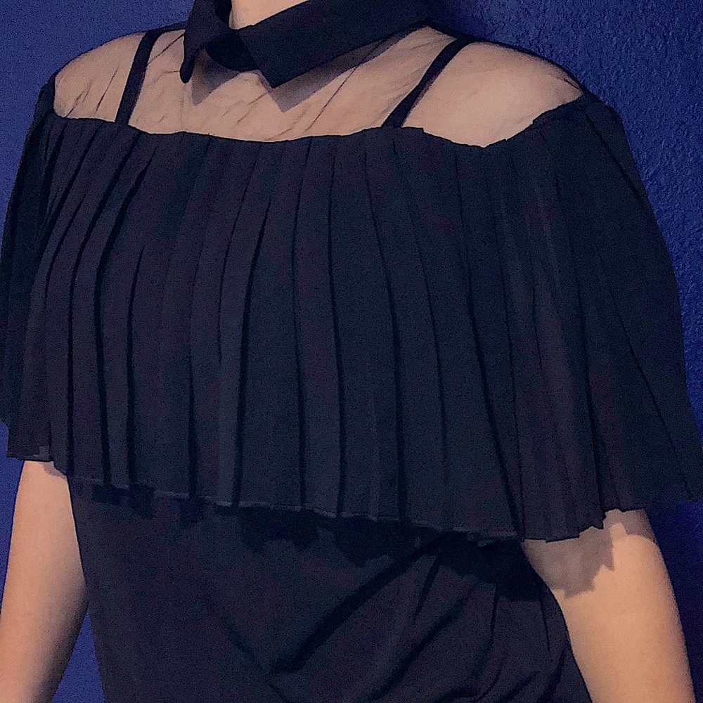 Medium Collared Black Tee with Lace and Ruffles